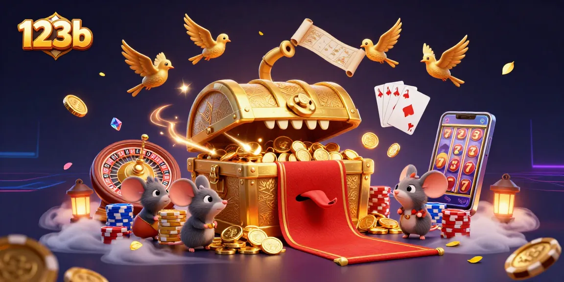 Experience thrilling gameplay with 123b's vibrant casino elements, including roulette wheels and playful treasure chests.