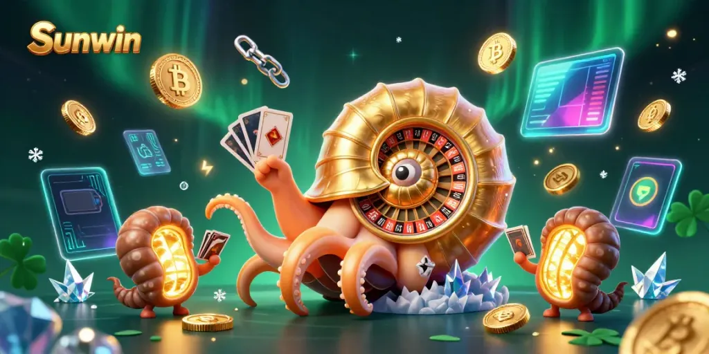 Engage with Sunwin's casino excitement featuring a 3D cartoon nautilus roulette and glowing crypto elements.