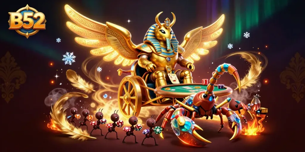 B52 poker scene featuring a colossal scarab in casino armor, blending luxury with gambling action