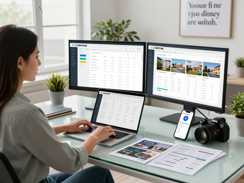 Realtor using IDXSTAR software on dual monitors in a modern office