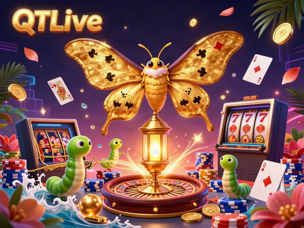 Experience the excitement of QQLive with a vibrant 3D illustration featuring dazzling casino elements and gameplay.