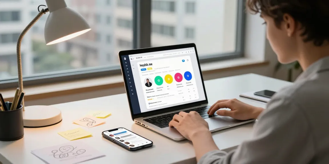 GEGESLOT - Profesional muda membuat Heylink.me di ruang kerja modern dengan smartphone dan catatan ide.