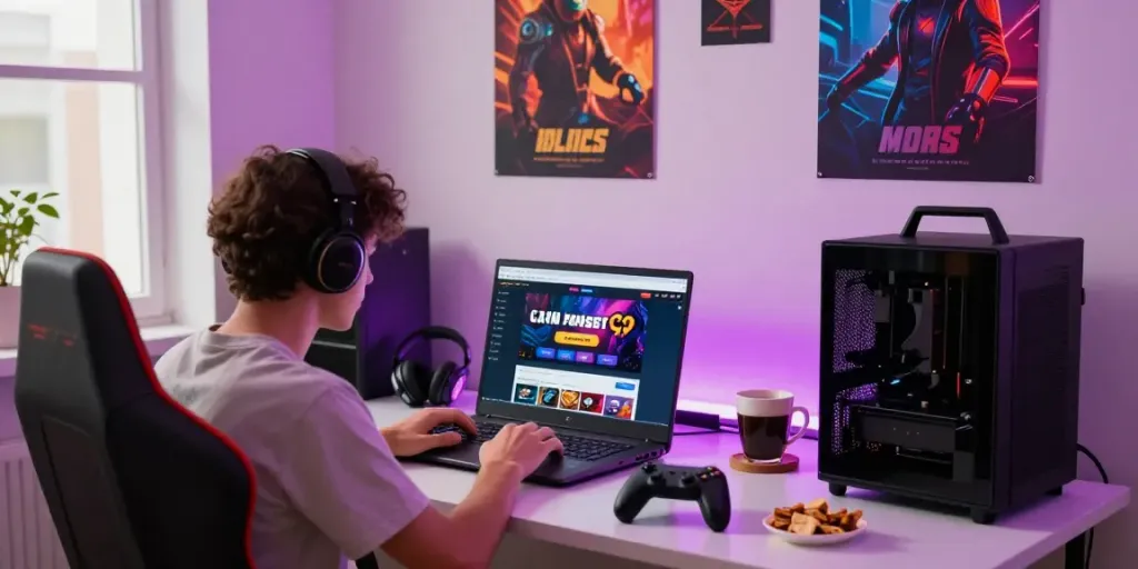 Person engaging with a laptop exploring non Gamstop casino options in a vibrant home office.