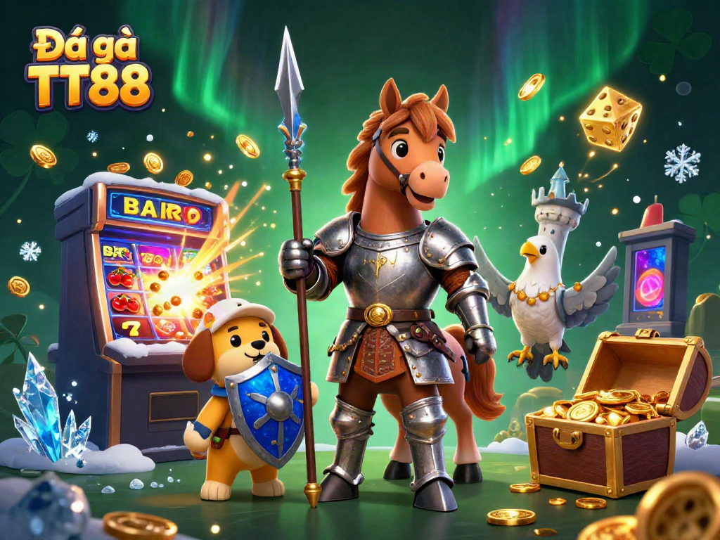 Engage with Đá gà TT88's thrilling arena featuring dynamic characters and vibrant casino elements.