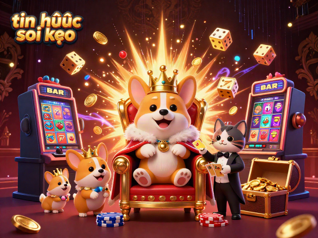 Engaging tin tức soi kèo 3D scene featuring a royal corgi and a cat butler surrounded by casino elements.