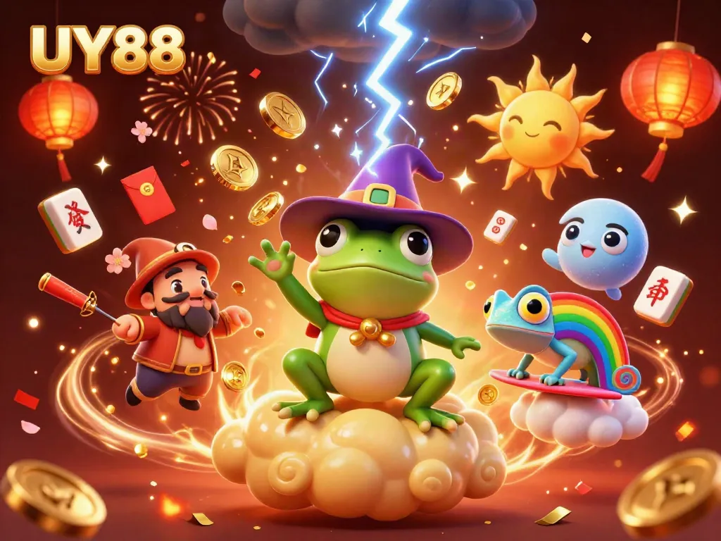 Engage with UY88 as a cartoon frog conjures golden coins amidst a colorful casino celebration.