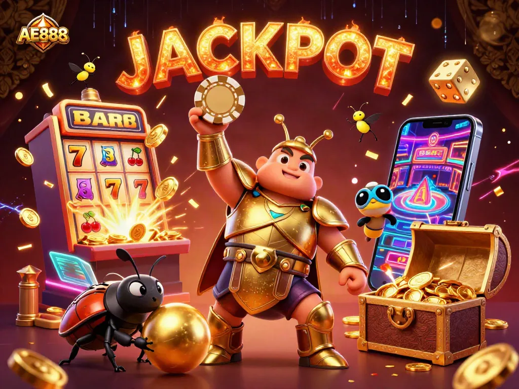 Celebrate big wins at AE888 with a joyous hercules beetle in casino glory, surrounded by jackpot thrills.
