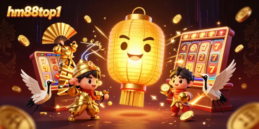 Experience thrilling gaming with hm88top1's vibrant casino scene showcasing golden lanterns and dynamic slot elements.