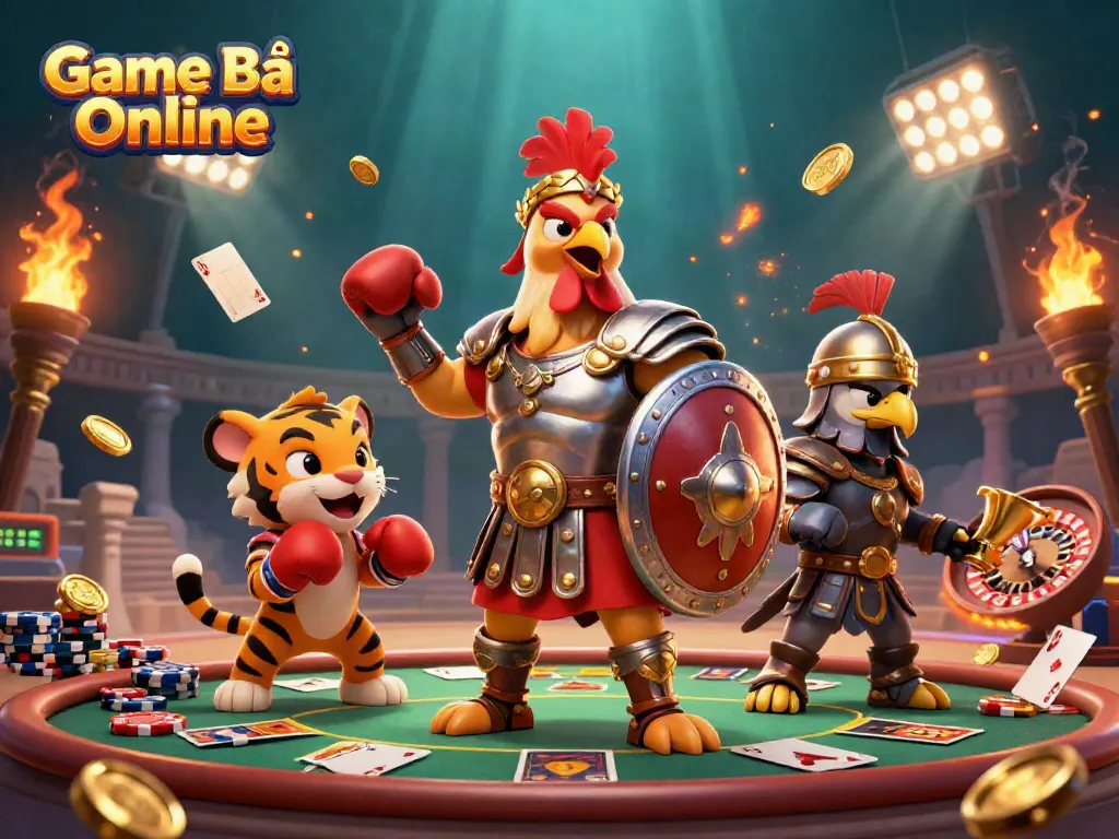 Engage in Game Bài Online with a 3D cartoon rooster, poker elements, and dynamic betting slips.