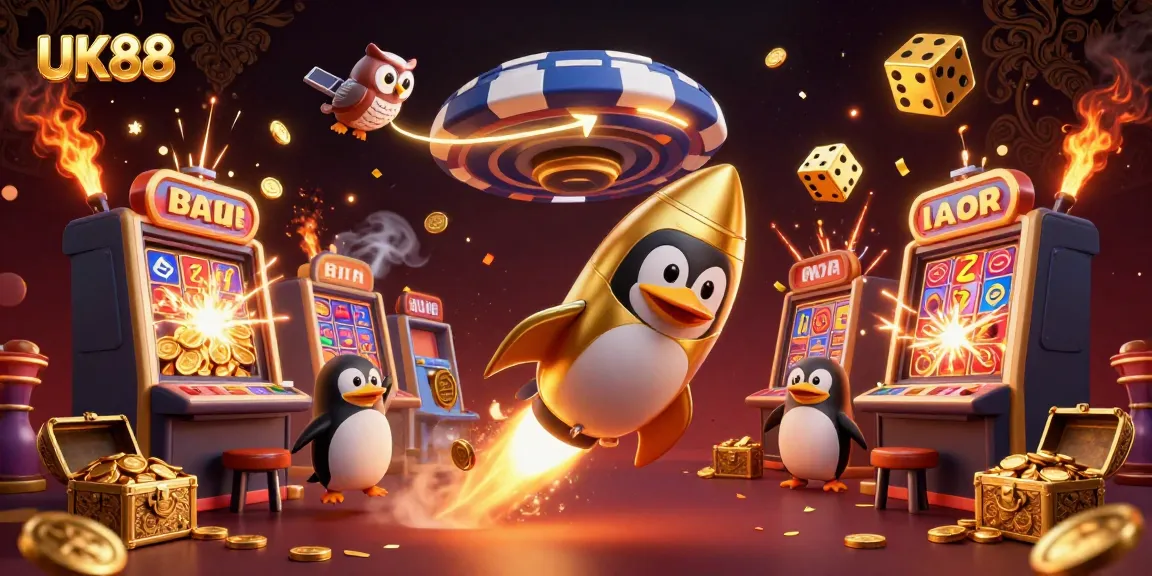 Join UK88's thrilling adventure with a golden penguin, jackpot slots, and a vibrant casino scene.