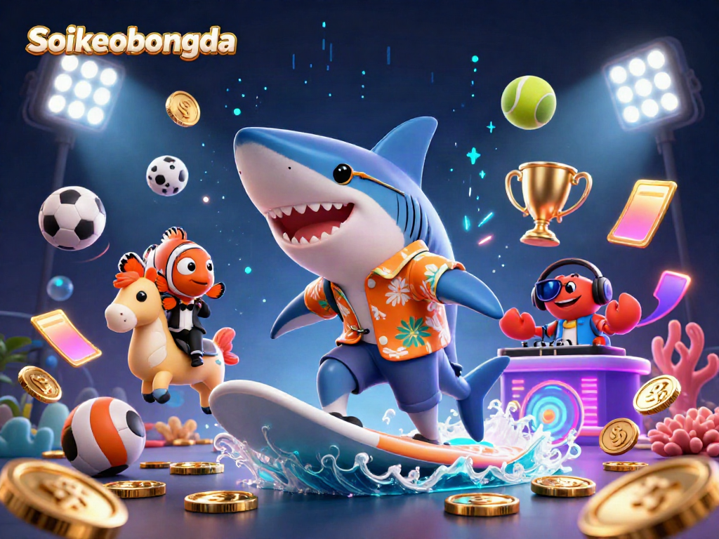 Exciting Soikeobongda scene featuring a shark and clownfish amidst gold coins and sports elements.