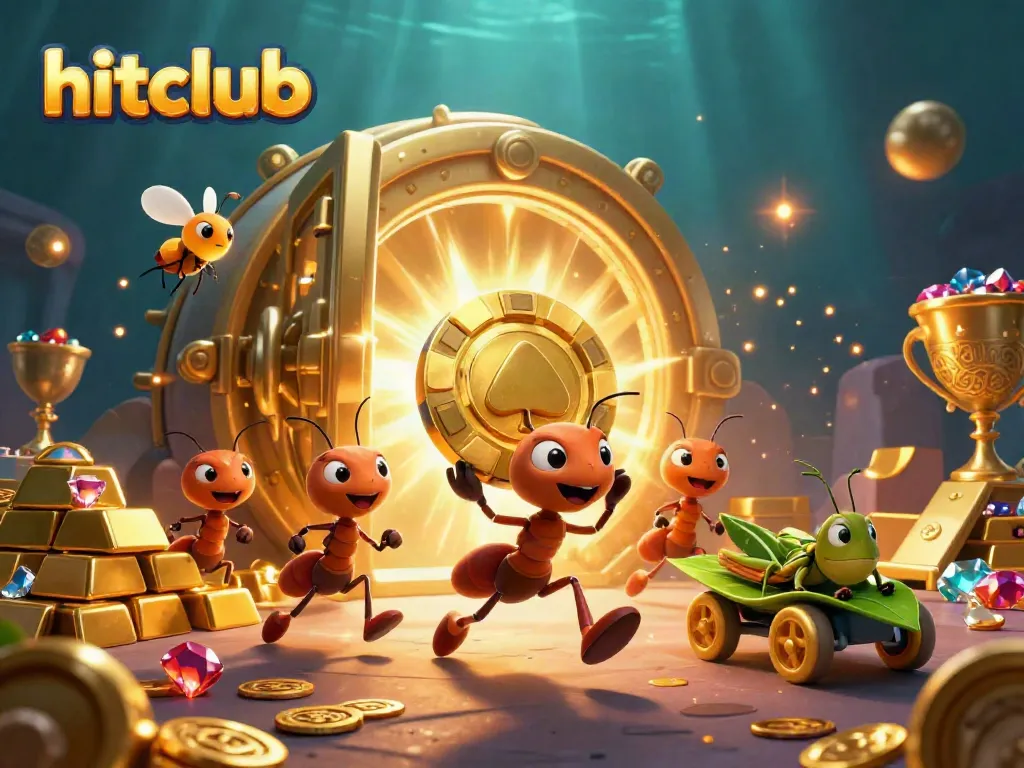 Hitclub ants carry a giant poker chip through a vibrant golden treasure vault, showcasing gambling excitement.