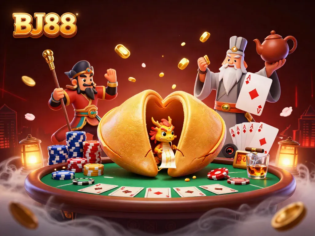Engage with BJ88's vibrant online casino experience featuring poker elements and enchanting characters.
