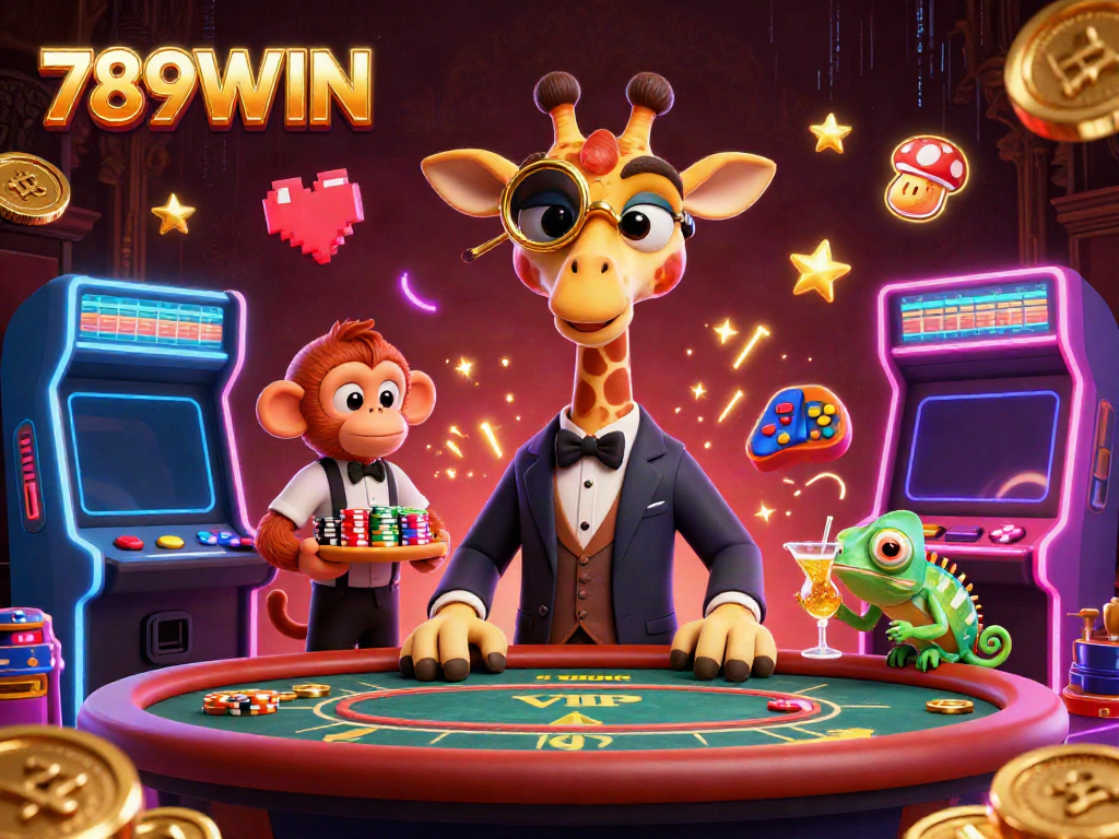 Catch exciting gaming action at 789WIN with a high-roller giraffe and vibrant casino elements.
