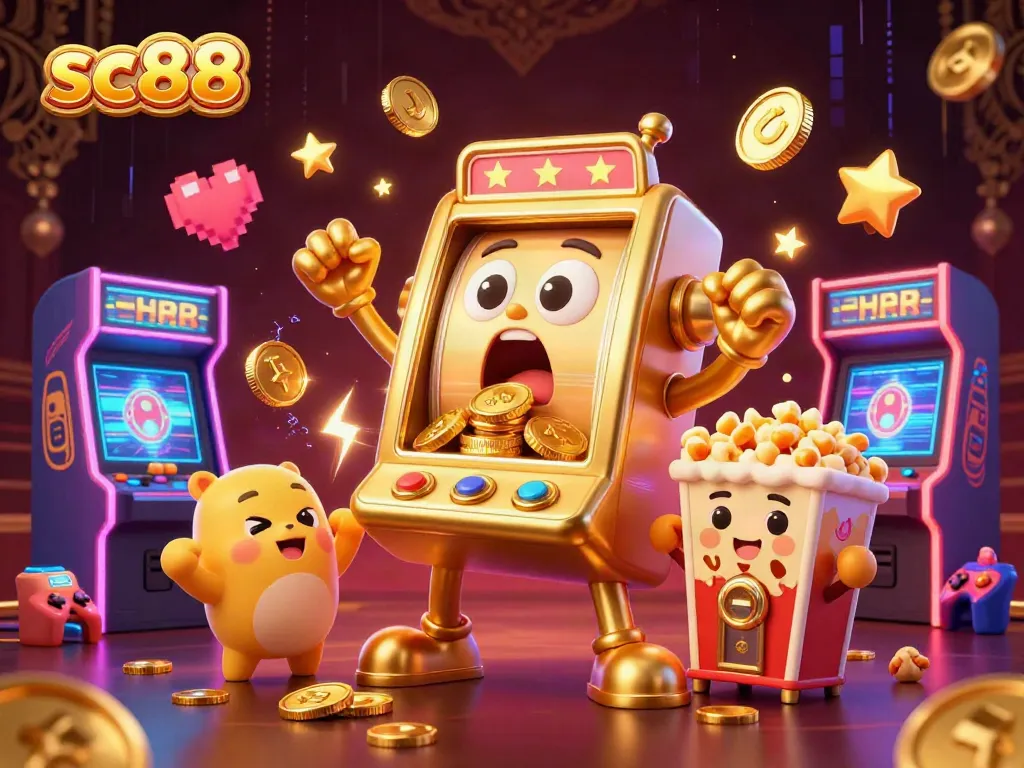 Catch a big win with sc88 as the golden slot machine pours coins, amidst a vibrant casino arcade.