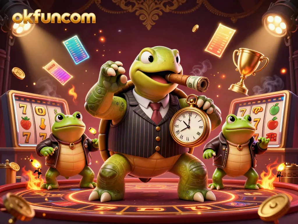 Experience thrilling jackpots at okfuncom with this dynamic casino scene featuring a vibrant turtle and bullfrogs.