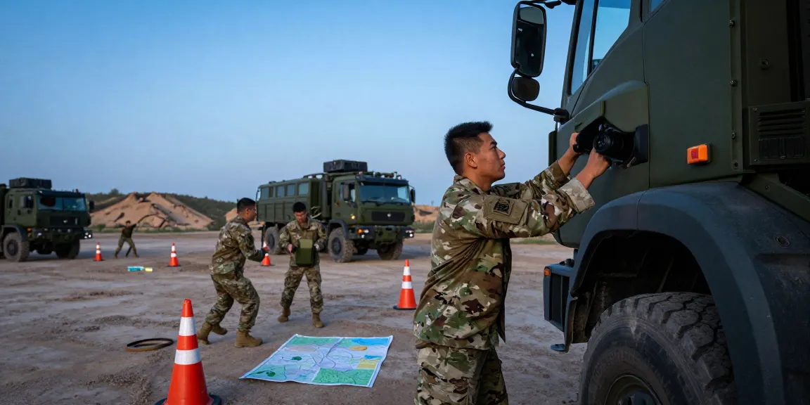 88M motor transport operator training scene with soldiers and vehicles