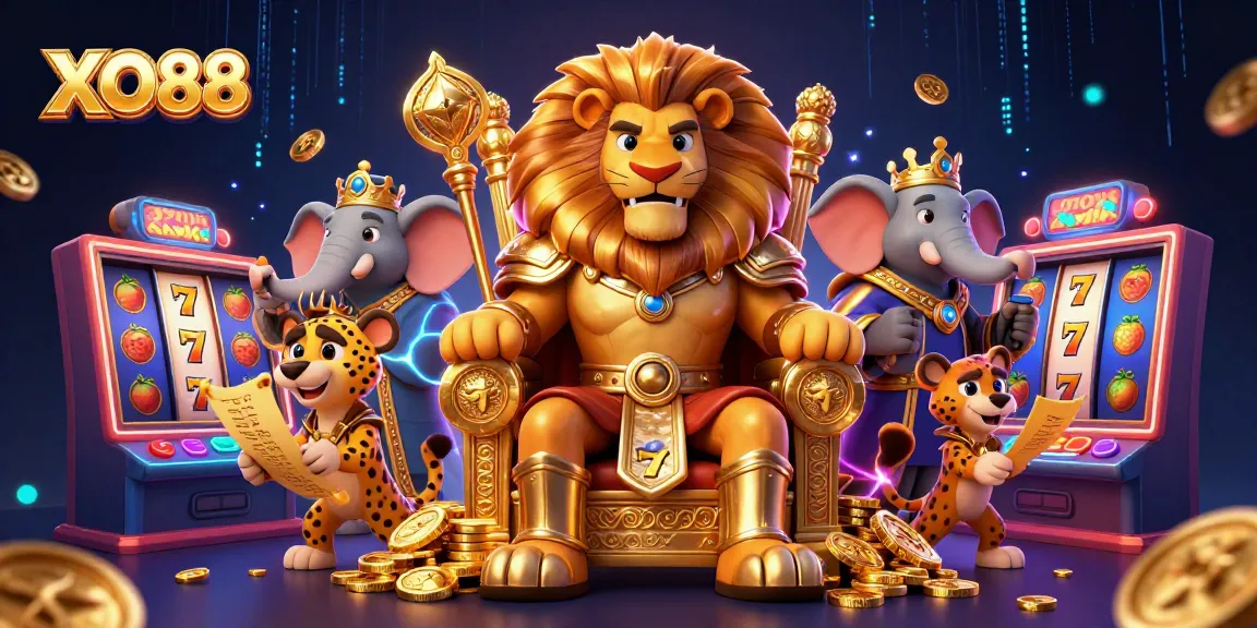 Engage with the thrill of XO88, featuring a lion king and slot reels in a vibrant casino scene.