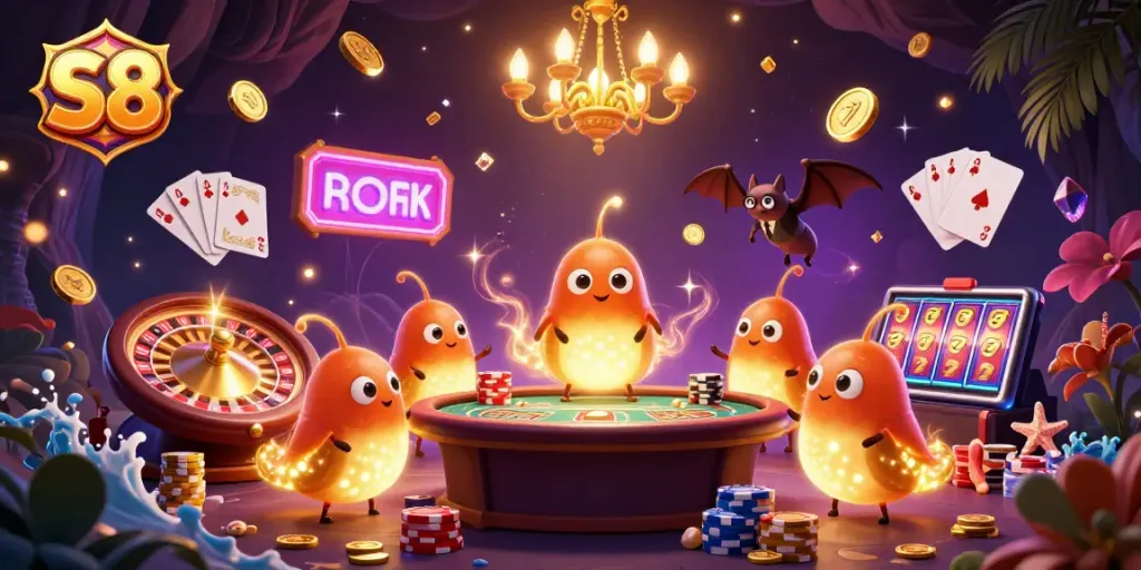 Light up your S8 gaming with a vibrant casino scene featuring glowworms and a bat dealer.