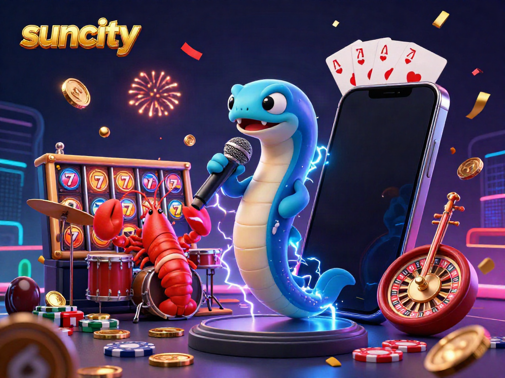 Engage with suncity's vibrant underwater casino scene featuring an electric eel DJ, celebrating with golden coins and slot games.