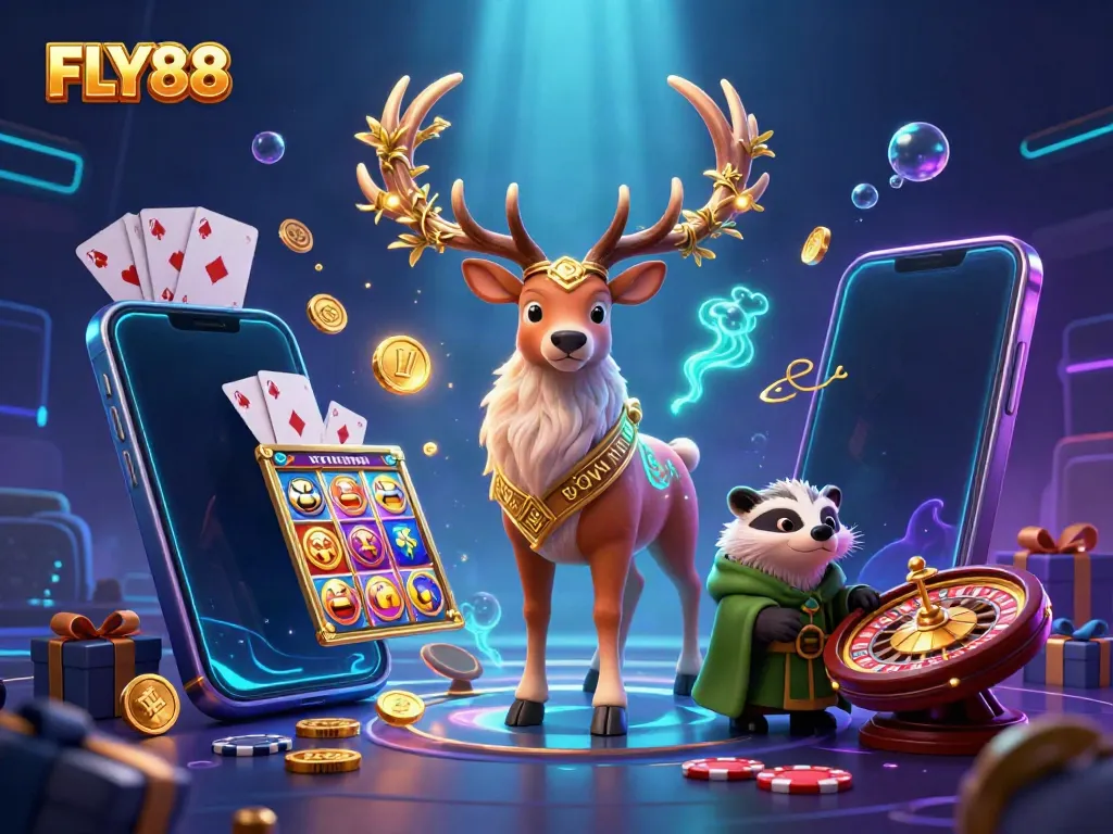 Immerse in the vibrant energy of FLY88 with a Celtic druid stag and gaming elements in this rich casino scene.