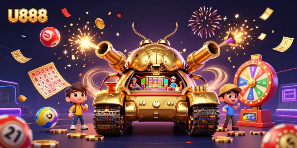 Bet on U888 with a lively illustration of a golden beetle tank featuring a miniature casino, vibrant lottery balls, and festive confetti.