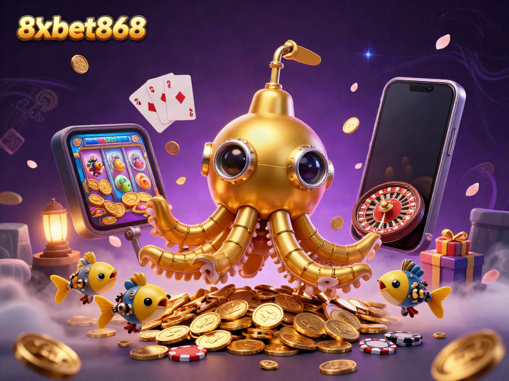 Engage in thrilling gaming with 8xbet868's ultra-detailed casino illustration featuring dynamic characters and vibrant elements.