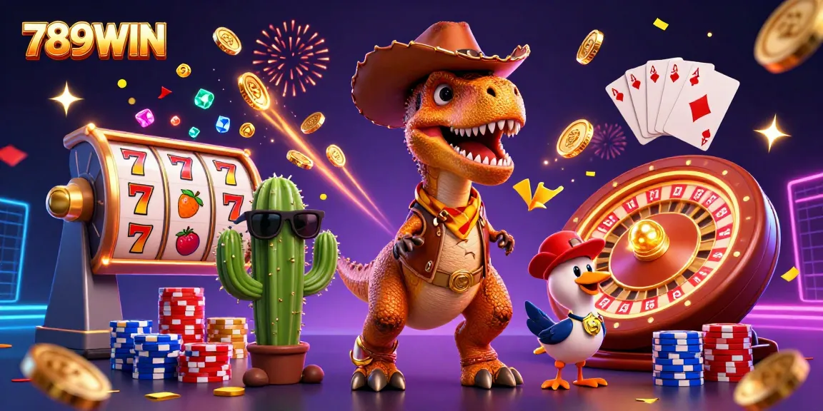 Spin the reels with 789WIN's vibrant 3D casino scene featuring a dinosaur cowboy and dynamic gambling elements.