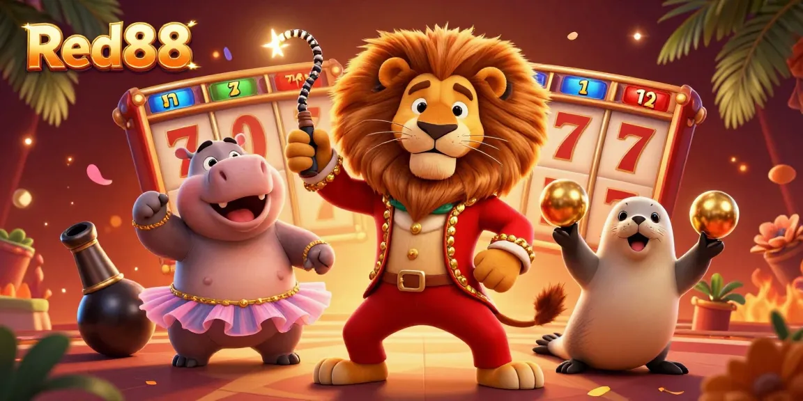 Engage with Red88 as a circus scene unfolds, showcasing a lion, hippo, and seal amidst thrilling casino elements.