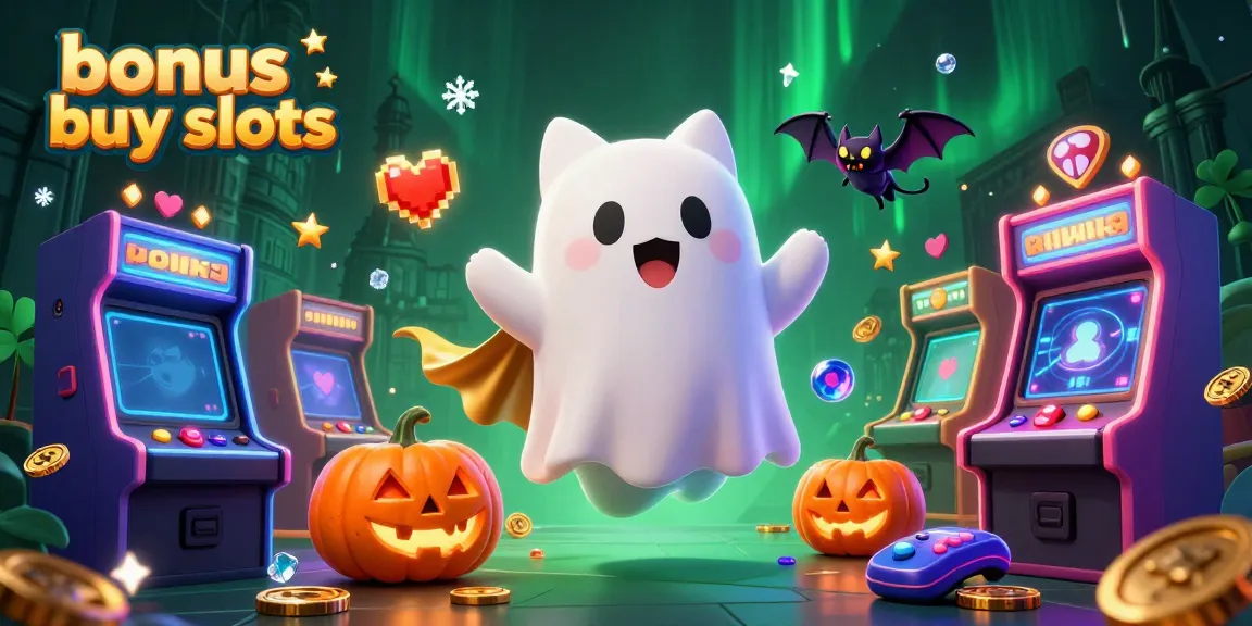 Engage with bonus buy slots in a vibrant casino scene with a ghost cat and glowing elements.