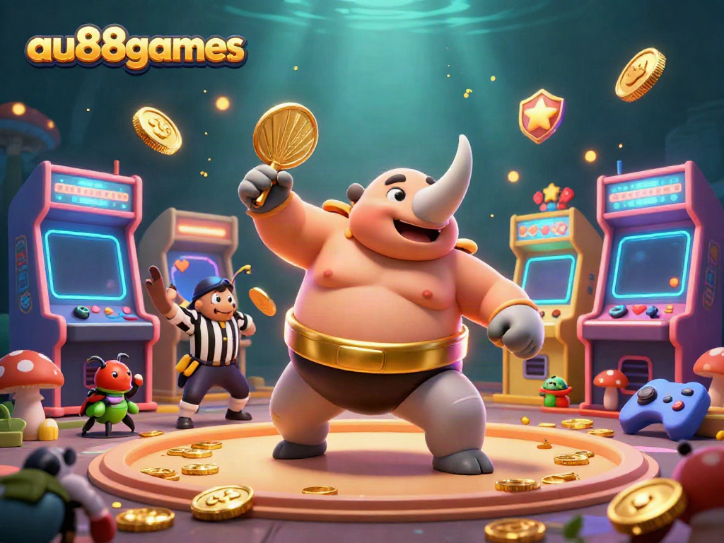 Experience the thrilling impact of au88games with a cartoon rhinoceros beetle champion amidst a casino celebration.