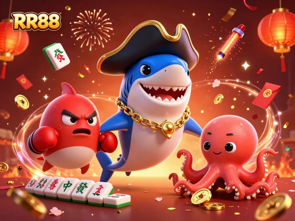 RR88 players win big amidst vibrant 3D casino celebration with a cartoon pirate shark, pufferfish, and octopus.