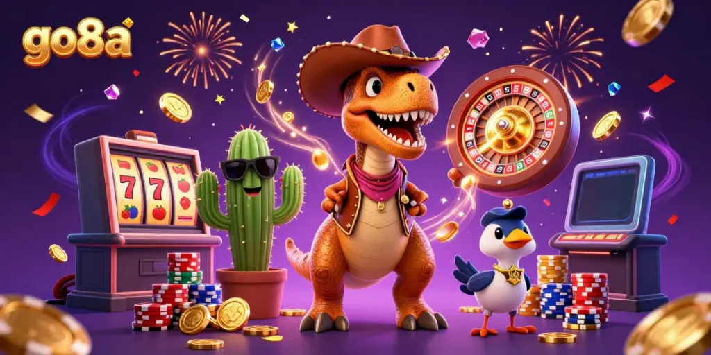 Experience the excitement of go8a with a T-Rex and friends amidst cascading slot machine reels and vibrant casino elements.