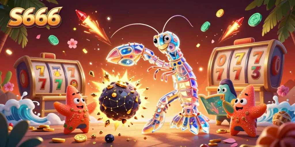 Experience the excitement of S666 with a galactic samurai mantis shrimp bursting through gems and coins in a dynamic casino setting.