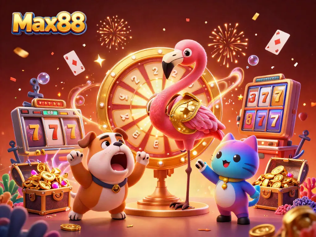Spin the giant prize wheel at Max88 with thrilling casino characters in a vibrant scene.