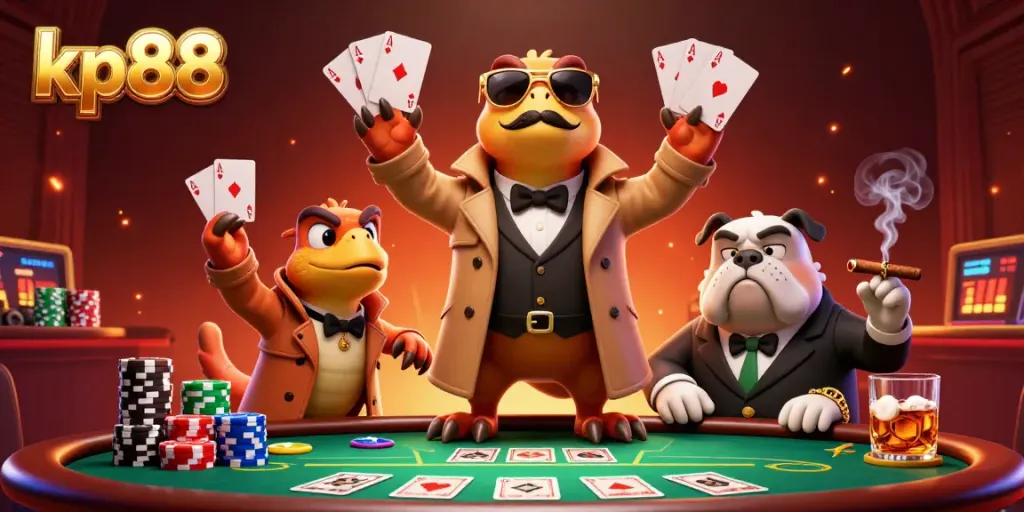 Engaging illustration of three raptors in a trench coat attempting VIP casino entry, highlighting kp88 casino culture.