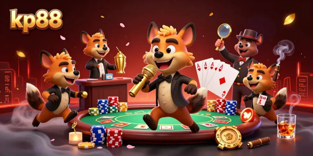 Experience kp88's vibrant casino scene with hyenas serving drinks, telling jokes, and checking IDs.