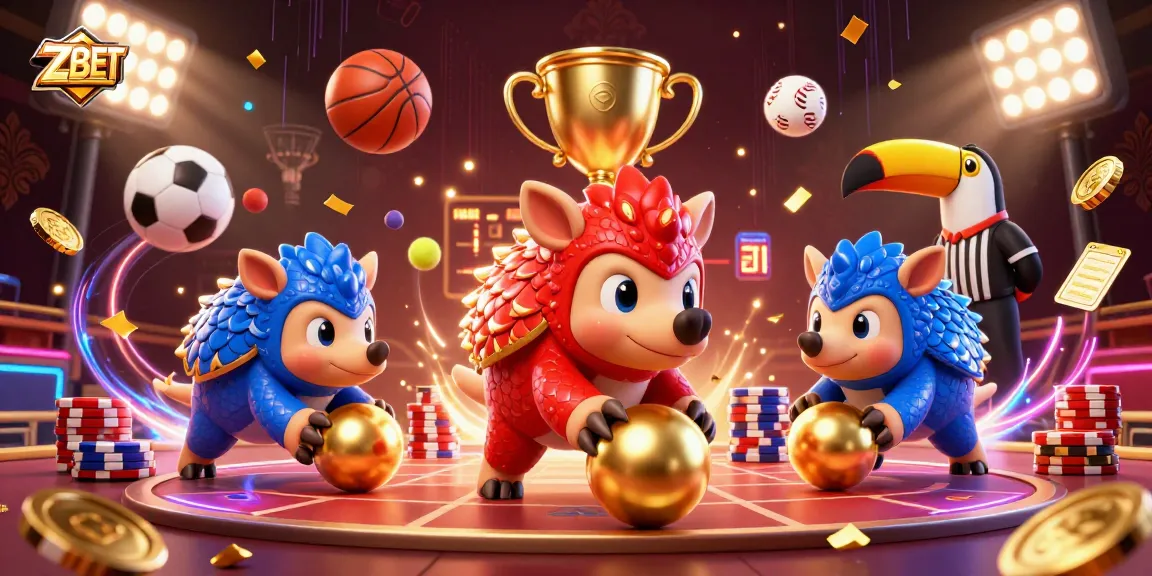 ZBET pangolins compete in an exciting casino scene with golden trophies and vibrant betting elements