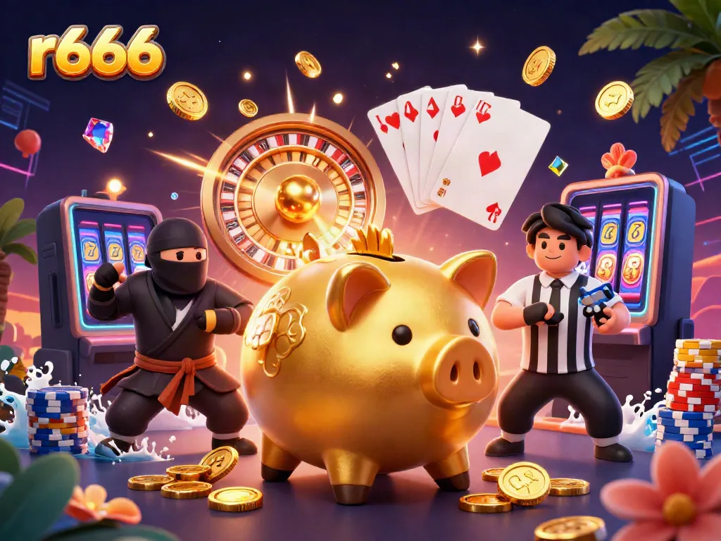 Engage in thrilling games with r666, featuring dynamic golden piggy bank and casino symbols.