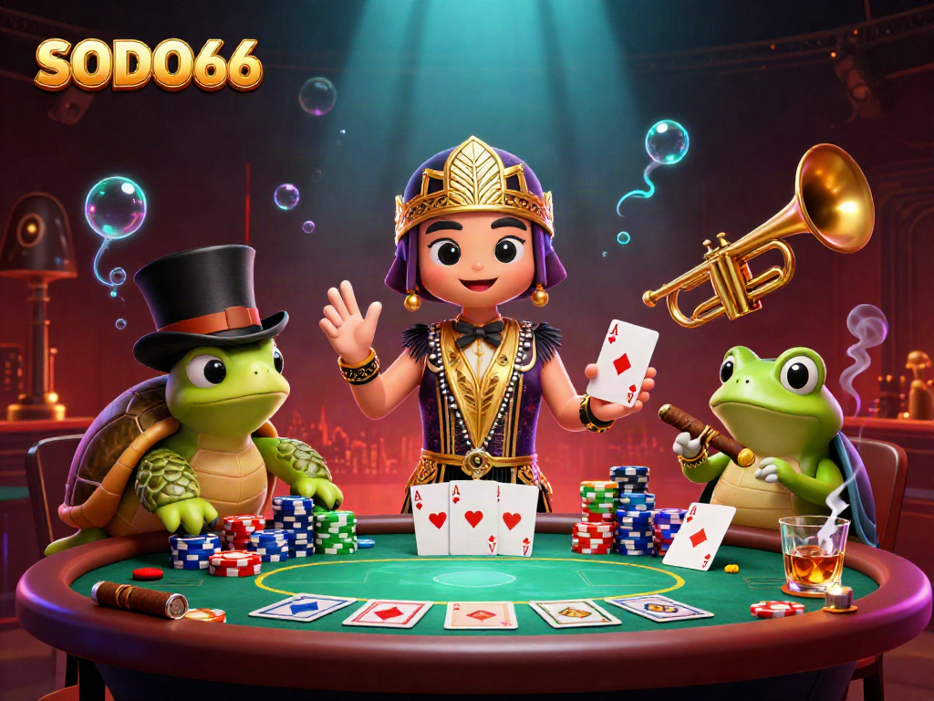 SODO66's vibrant online betting culture illustrated with lively 3D characters amid poker actions and energetic casino atmosphere.