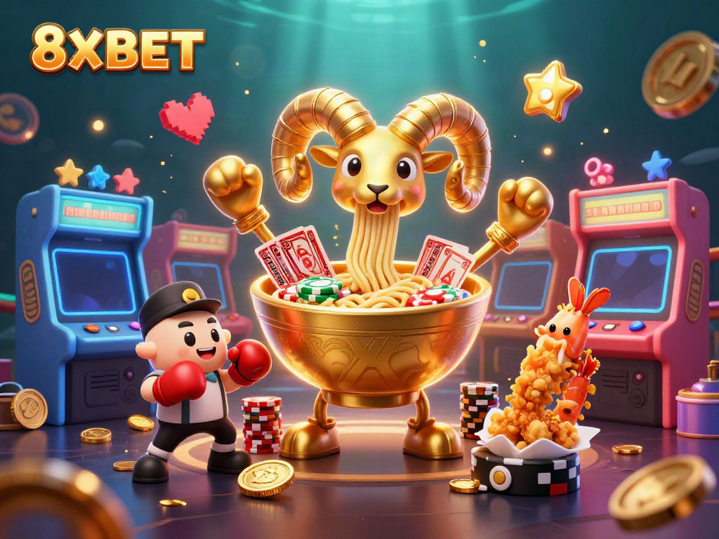 Experience the vibrant scene of 8XBET featuring a golden ramen bowl dealer against dynamic casino elements.