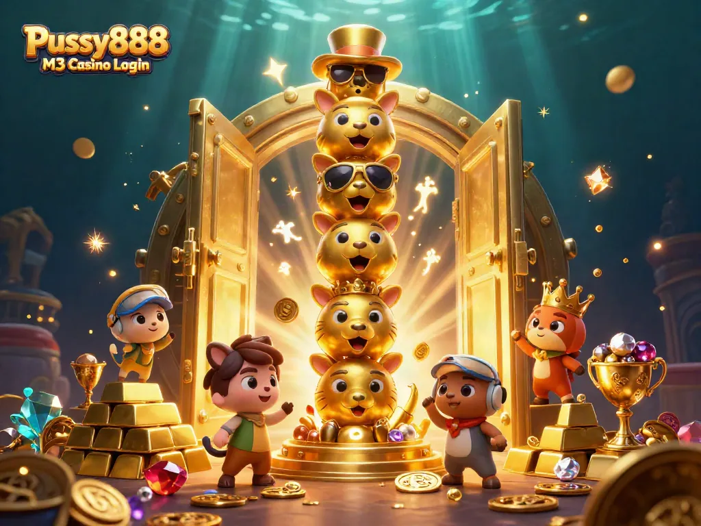 Pussy888 M3 Casino Login - vibrant 3D casino scene with dynamic characters and gold elements.