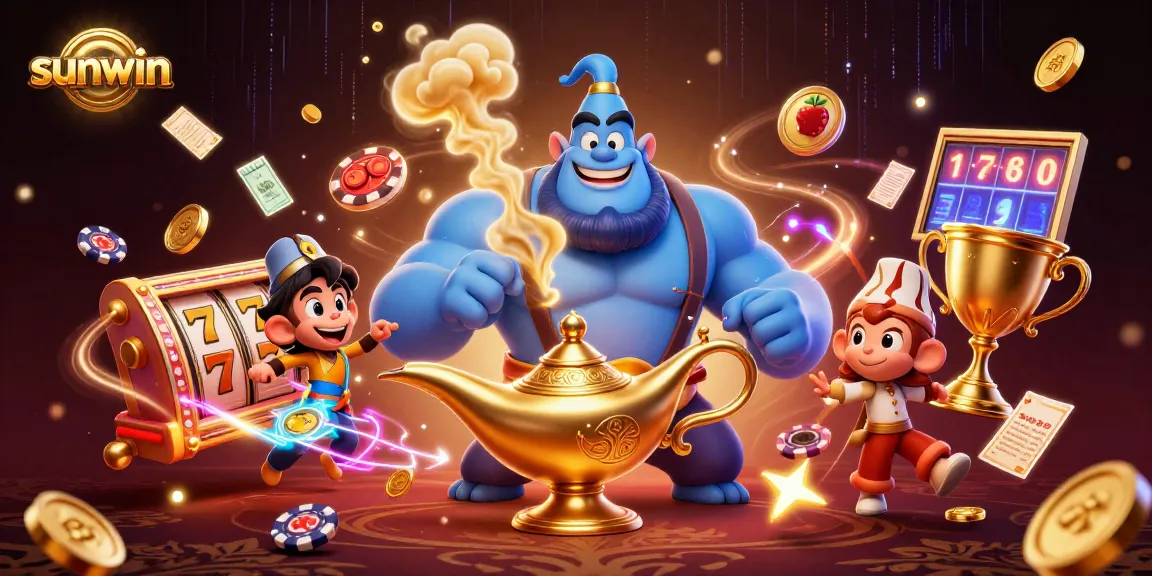 Experience thrilling slots at sunwin with a genie, monkey, and vibrant casino elements.