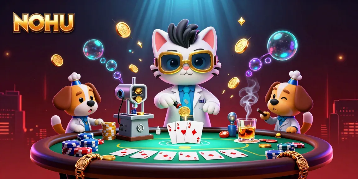 Experience NOHU in a thrilling casino scene with a mad scientist cat creating gold coins amidst poker elements.