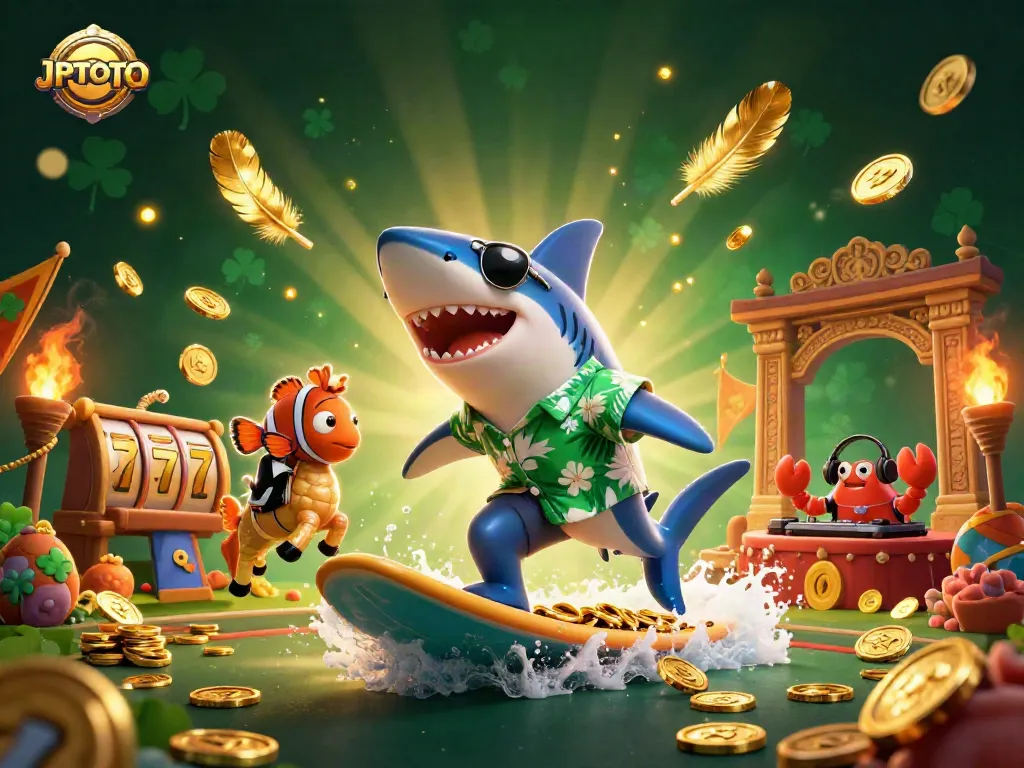 Engage with JPTOTO through a vibrant illustration featuring casino elements and animated characters.