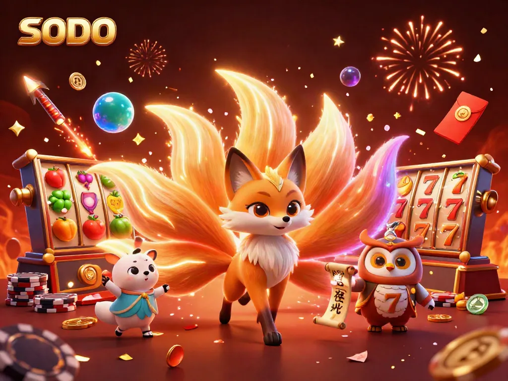 SODO slots illustration with a colorful nine-tailed fox and an owl sage, highlighting vibrant casino themes.