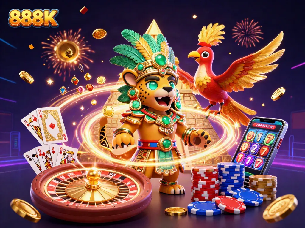 Try your luck at 888K with vibrant casino visuals featuring Mayan symbols and exciting games.