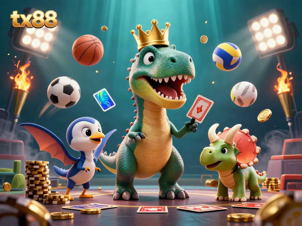 Engage in thrilling sports betting action with tx88 featuring a lively T-Rex, pterodactyl, and triceratops in a vibrant casino scene.
