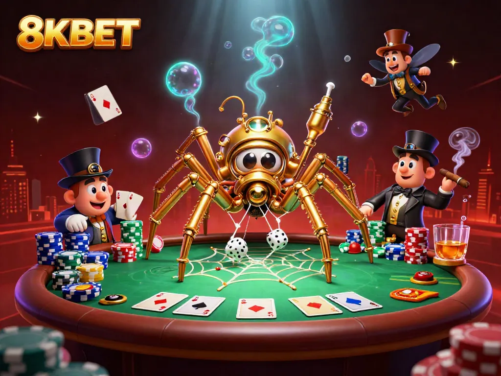 8KBET showcases a lively 3D cartoon scene with a golden spider and poker-themed elements, captivating players.