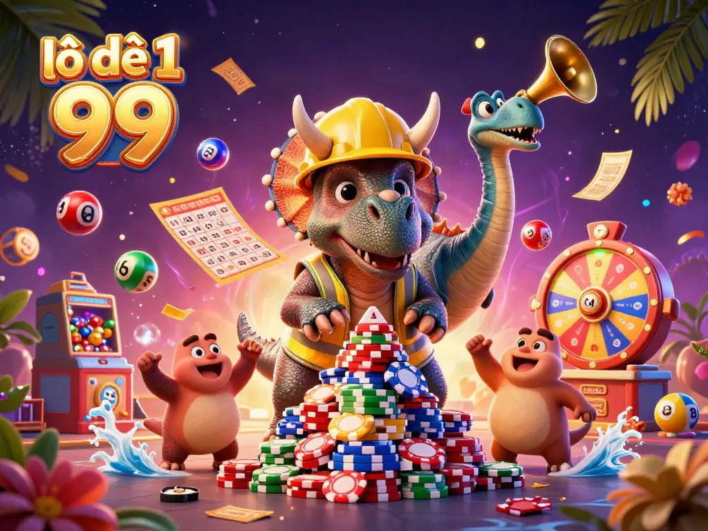 Engage in the vibrant lô đề 1 ăn 99 lottery experience with playful dinosaur characters at a festive lottery scene.